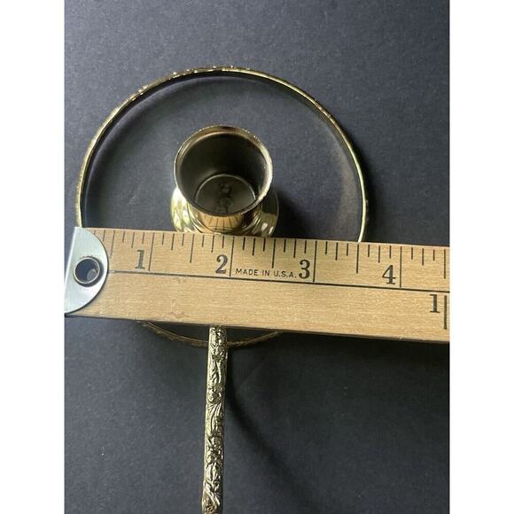Vintage Solid Brass Hand Held Candle Holder with Open Plate Repousse Vine Design